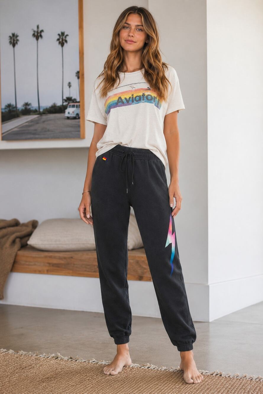 Aviator Nation Rainbow Bolt Sweatpants Black Women’s Small Joggers